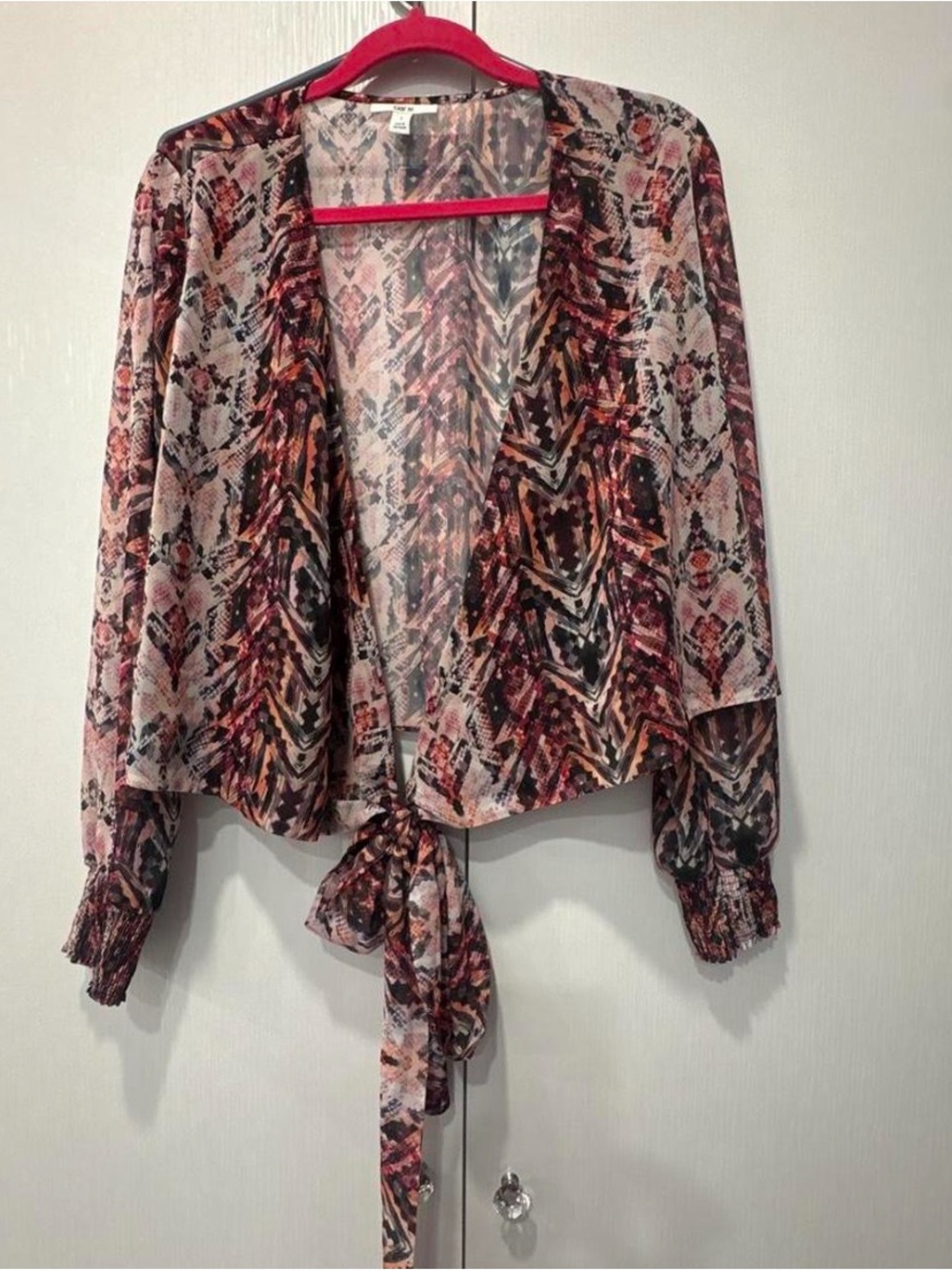 Bar III Pink Multi-Print Tie-Front Sheer Cardigan